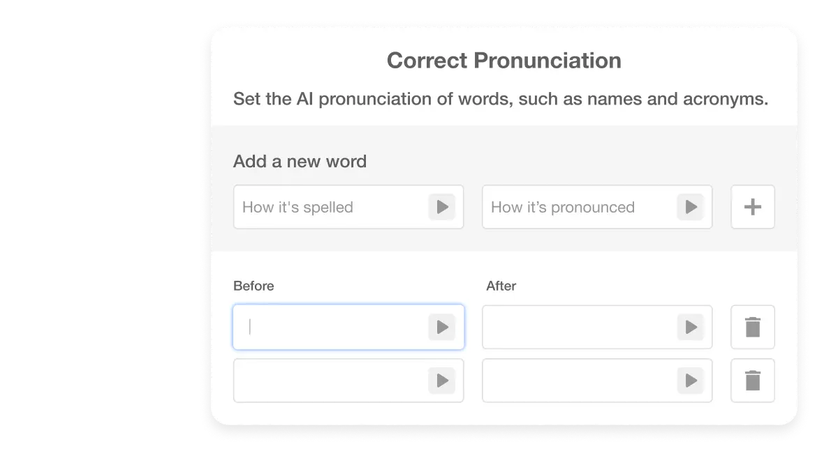 Visla interface showing the 'Precision in Pronunciation' feature for a video translator, with tools to adjust AI voiceover pronunciations, ensuring clear communication in any language.